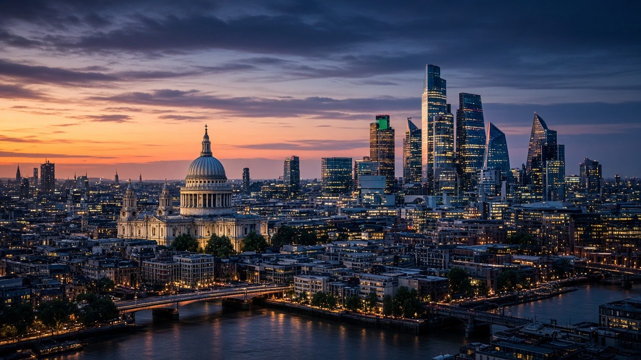 Central London at dusk, with St Paul's Cathedral and the City skyline