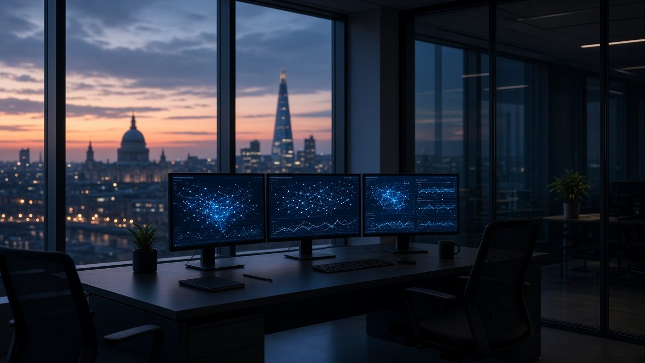 Network monitors in a London office at dusk
